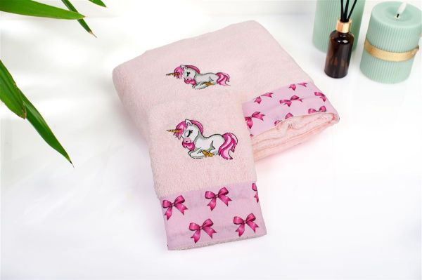 DIMcol Πετσέτα Με Κέντημα Σετ 2 τεμ bebe Unicorn 187 30X50,70X140 Pink 100% Cotton