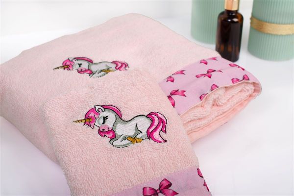 DIMcol Πετσέτα Με Κέντημα Σετ 2 τεμ bebe Unicorn 187 30X50,70X140 Pink 100% Cotton - Image 2