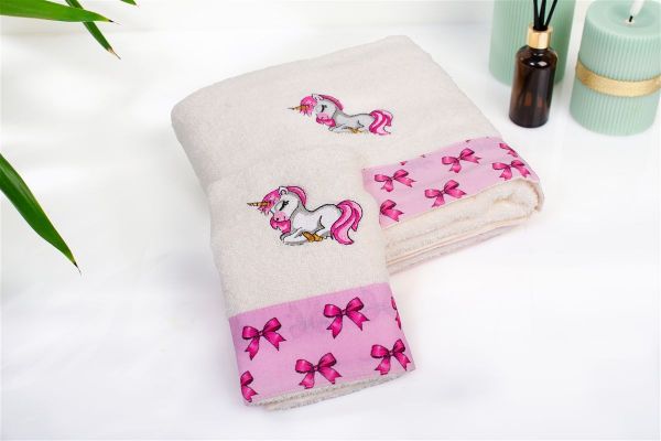 DIMcol Πετσέτα Με Κέντημα Σετ 2 τεμ bebe Unicorn 189 30X50,70X140 Ecru-Pink 100% Cotton