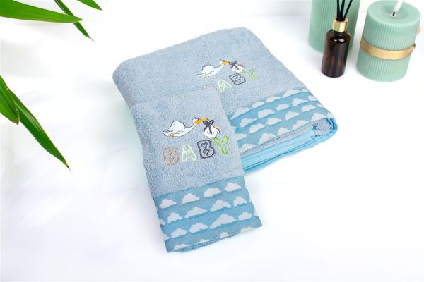 DIMcol Πετσέτα Με Κέντημα Σετ 2 τεμ bebe Stork 191 30X50,70X140 Sky Blue 100% Cotton