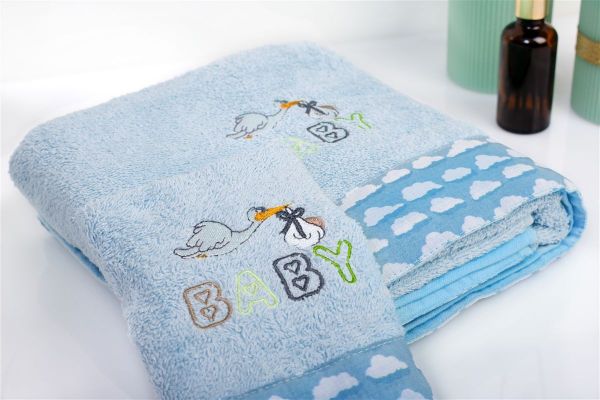 DIMcol Πετσέτα Με Κέντημα Σετ 2 τεμ bebe Stork 191 30X50,70X140 Sky Blue 100% Cotton - Image 2