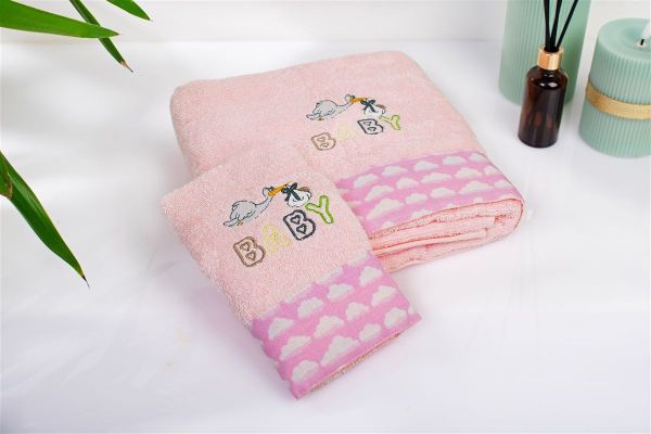 DIMcol Πετσέτα Με Κέντημα Σετ 2 τεμ bebe Stork 192 30X50,70X140 Pink 100% Cotton