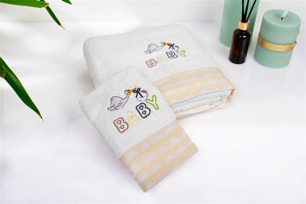 DIMcol Πετσέτα Με Κέντημα Σετ 2 τεμ bebe Stork 193 30X50,70X140 White-Yellow 100% Cotton