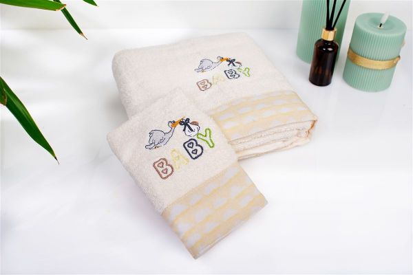 DIMcol Πετσέτα Με Κέντημα Σετ 2 τεμ bebe Stork 194 30X50,70X140 Ecru-Yellow 100% Cotton