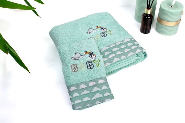 DIMcol Πετσέτα Με Κέντημα Σετ 2 τεμ bebe Stork 195 30X50,70X140 Mint 100% Cotton
