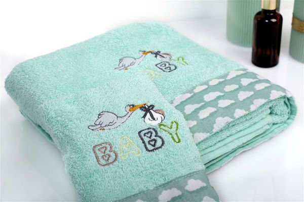 DIMcol Πετσέτα Με Κέντημα Σετ 2 τεμ bebe Stork 195 30X50,70X140 Mint 100% Cotton - Image 2