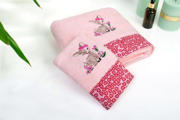 DIMcol Πετσέτα Με Κέντημα Σετ 2 τεμ bebe Deer 196 30X50,70X140 Pink 100% Cotton