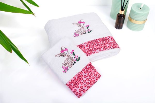 DIMcol Πετσέτα Με Κέντημα Σετ 2 τεμ bebe Deer 197 30X50,70X140 White-Pink 100% Cotton