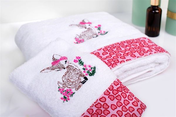 DIMcol Πετσέτα Με Κέντημα Σετ 2 τεμ bebe Deer 197 30X50,70X140 White-Pink 100% Cotton - Image 2