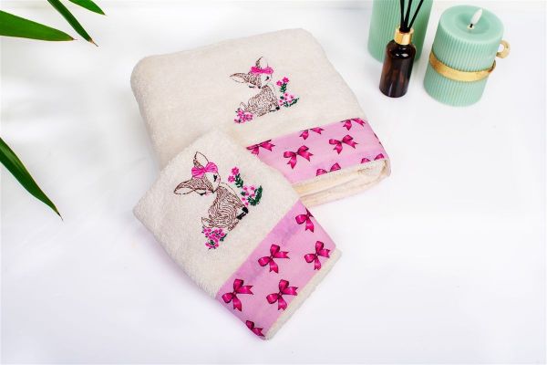 DIMcol Πετσέτα Με Κέντημα Σετ 2 τεμ bebe Deer 198 30X50,70X140 Ecru-Pink 100% Cotton