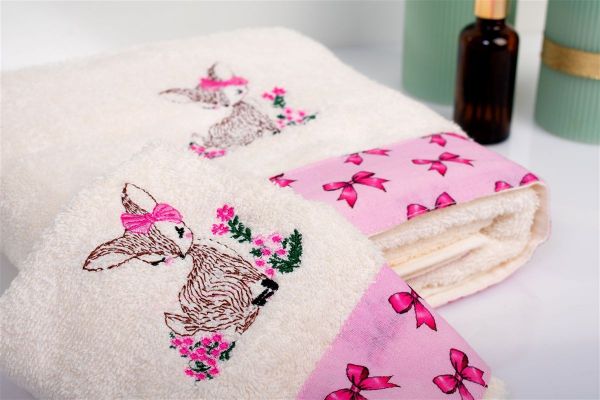DIMcol Πετσέτα Με Κέντημα Σετ 2 τεμ bebe Deer 198 30X50,70X140 Ecru-Pink 100% Cotton - Image 2
