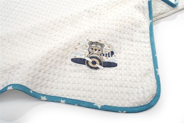 DIMcol Κουβέρτα Πικέ Με Κέντημα bebe Aviator 184 100X160 White-Sky Blue 100% Cotton - Image 2