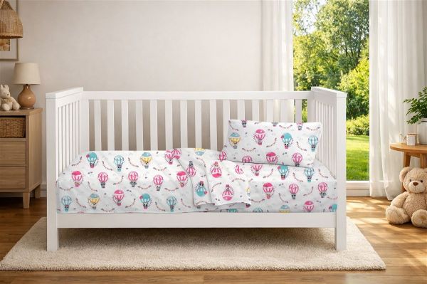 DIMcol Σεντόνια Εμπριμέ Σετ 3 τεμ bebe The Floating Zoo 597 120X160 White-Pink 100% Cotton
